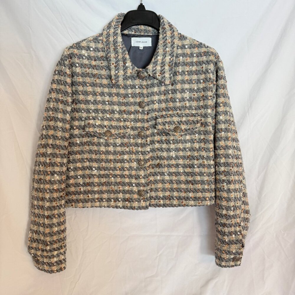 Dear John Cropped Tweed Jacket Metallic Shimmer M Button Front